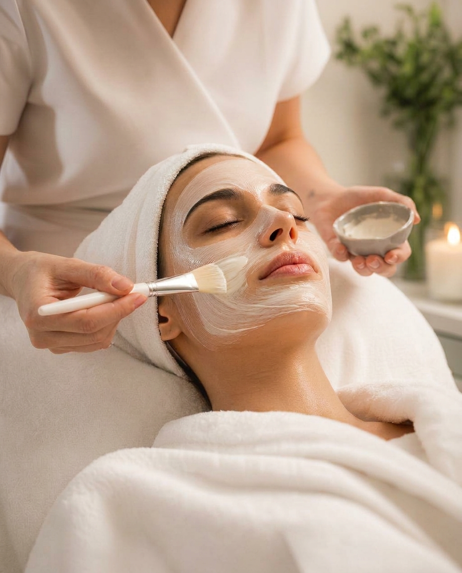 Mujer recibiendo aplicación de mascarilla facial en spa de lujo